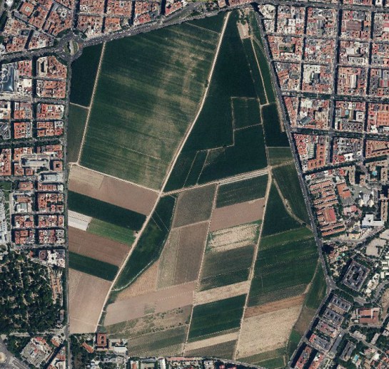 El parque del Retiro en el centro de Madrid, sustituido por terrenos de cultivo a la misma escala