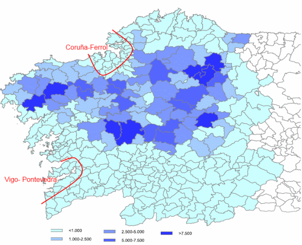 Número de vacas lecheras por municipio de Galicia en 2010. Se señalan las dos principales áreas metropolitanas de la región