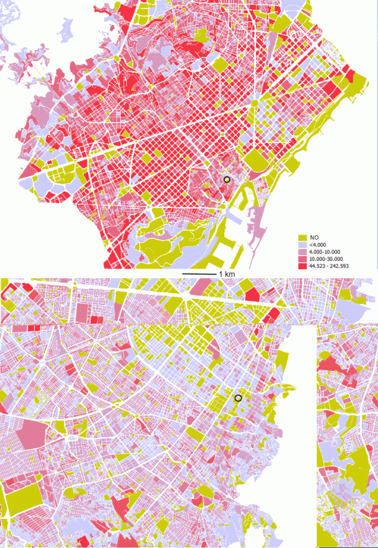 Superficie construida (m2) por manzana en Bogotá y Barcelona. NO indica que en la manzana correspondiente no hay edificabilidad residencial