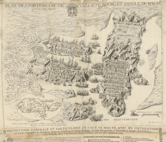 Mapa de las fortalezas de La Valleta, de H Boulange, 1645. Grabado representativo de la ciudad del siglo XVII, que puede ser visto con más detalle en gallica.bnf.fr con la signatura GE C2362