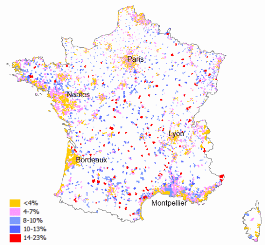 Porcentaje de viviendas vacías sobre el total, en municipios franceses mayores de 2.000 habitantes (2009)