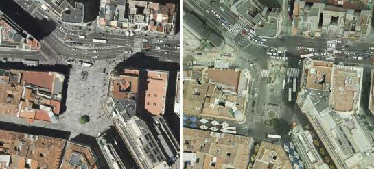 La plaza de Callao en 2009 (izquierda) y 2006. Una de las aceras más transitadas de Madrid se convierte en una gran explanada peatonal