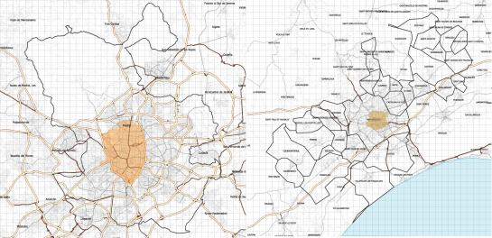 Madrid y Montpellier a la misma escala (marcas 1 km). Se indican también los espacios centrales objeto de planes especiales