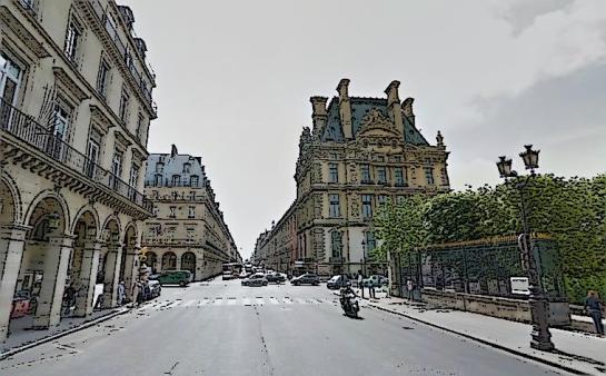 El final del Louvre y comienzo de las Tullerías (todo esto a la derecha), visto desde el oeste.