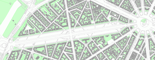 1,3 km de longitud, 140 m de anchura. ¿Puede una anchura excesiva matar la calle, aunque sea en el barrio más exclusivo de París?. El verde indica aqui espacios privados no construidos