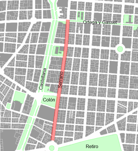 Serrano: 1,3 km de centralidad, 31 m de anchura