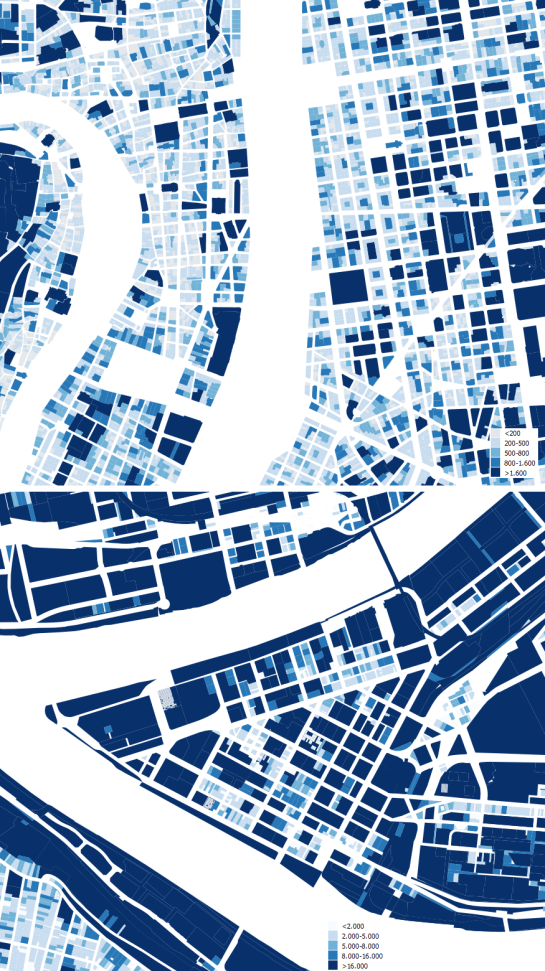 Centros urbanos de Lyon y Pittsburgh a la misma escala. Superficies de parcelas en m2 para Lyon y en pies cuadrados para Pittsburgh (se que 10 pies cuadrados no son exactamente 1 m2, pero es una dimensión próxima que permite además orientar a los aguerridos usuarios del sistema imperial... y también a nosotros, los métricos, con órdenes de magnitud perfectamente comparables)