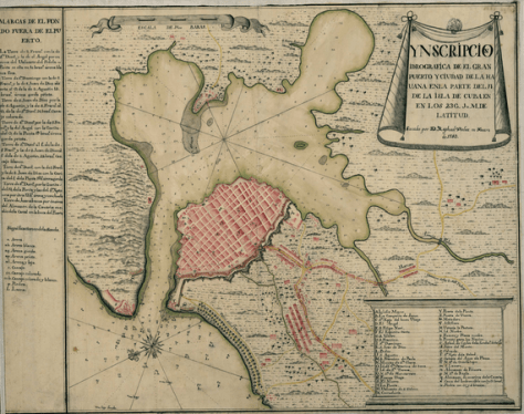 La Habana en 1743. Una ciudad orientada hacia el canal y la bahía, con murallas que la protegen de la costa hacia mar abierto, menos defendible.