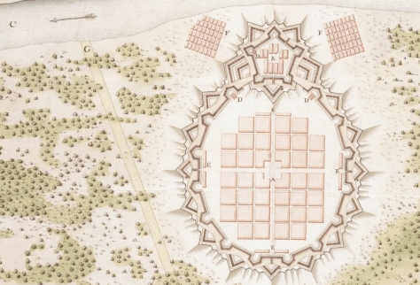 El proyecto de Nueva Orleans en 1718. Un proyecto un tanto ingenuo, con escalas poco ajustadas a la realidad (vease la distancia entre río y lago Pontchartrain)