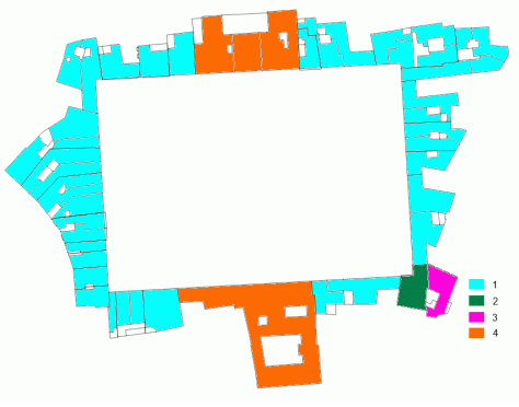 Una de las plantas altas. 1: viviendas, 2: oficinas, 3: academia, 4: administración pública