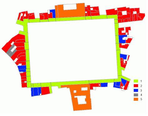 Planta baja. 1: soportal, 2: tiendas, 3: restaurantes y cafeterías, 4: almacenes, 5: administración pública