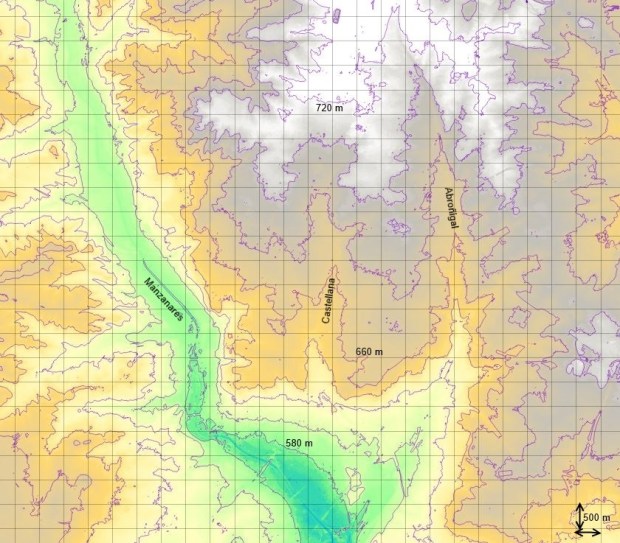 Curvas de 20 m, un río y dos vaguadas