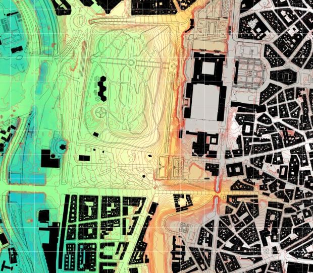 Curvas de nivel con intervalo de 1 m y malla de referencia de 100 m. La zona del río presenta datos extraños, dado que los datos de origen probablemente fueron tomados durante la obra de la M30.