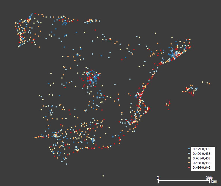 Índice de Gini por municipios. A primera vista, sobre el mapa la costa mediterránea parece más desigual; las periferias de las grandes ciudades parecen más igualitarias.